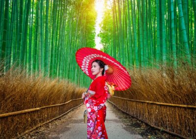 Woman wearing traditional Japanese kimono at Bamboo Forest in Kyoto, Japan