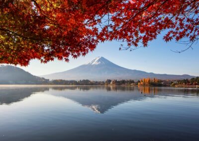 Fuji Mountain Reflection and Red Maple Leaves in Autumn at Kawaguchiko Lake, Japan